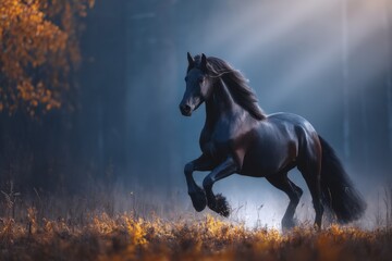Majestic black horse galloping through an autumn forest illuminated by soft morning light
