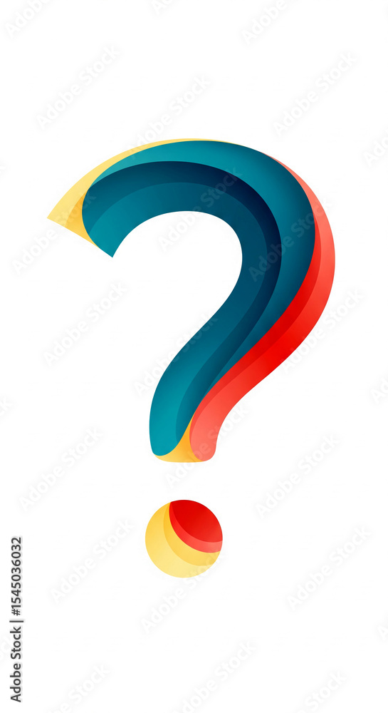 Poster abstract question mark design, layered in teal, red, and yellow hues, creating a 3d effect, symboliz