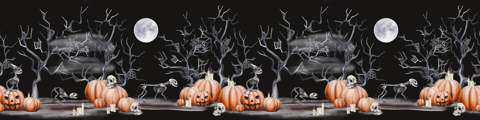  Seamless border with cat skeletons and scary forest. Halloween decor. Pumpkins and skulls. Candles are burning. Full moon. Dark scenes. Watercolor illustration. Hand drawing.