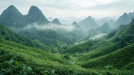 Lush Green Tea Plantations in Vietnam's Misty Mountain Valleys