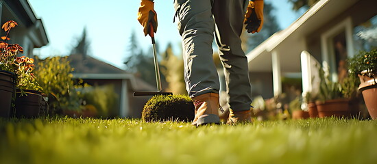 A worker is working on the lawn laying new grass