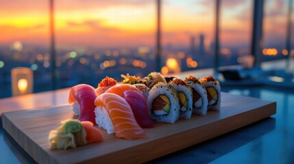 Exquisite Sushi Platter with City View at Sunset Luxury Dining Experience