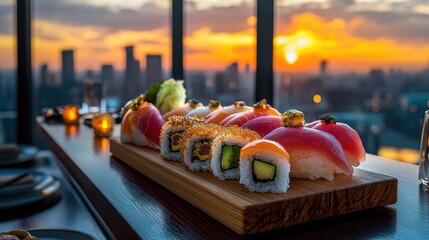 Exquisite Sushi Selection with a Stunning City View at Sunset