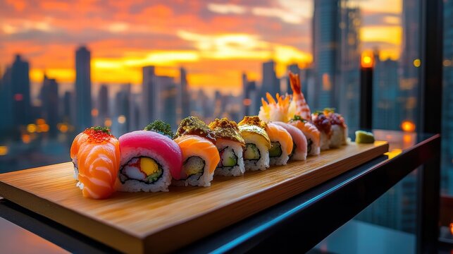 Exquisite Sushi Platter with Cityscape View Luxurious Dining Experience Culinary Art Japanese Cuisine