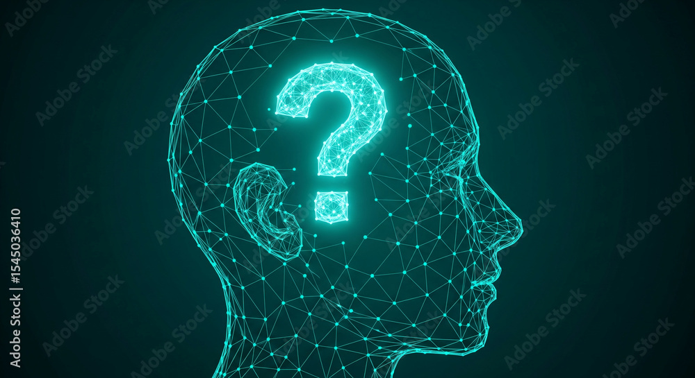 Poster wireframe head profile with glowing teal question mark inside, symbolizing inquiry, problem-solving,