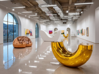 Wide angle shot of a modern gallery interior featuring gold and copper metallic abstract sculptures and colorful canvas art