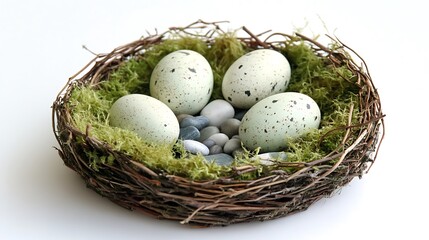 Rustic Bird Nest with Speckled Eggs Green Moss and Small Stones on White Background