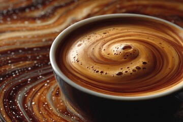 Swirling coffee cup with rich cream patterns on a wooden table in a cozy café setting