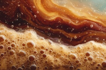 Rich brown liquid with frothy bubbles creates a captivating swirl pattern against a light background in this close-up view