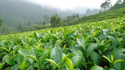 Lush Green Tea Plantation Hillsides in Munnar India Misty Mountains Backdrop Tranquil Scenery