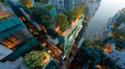 Futuristic green cityscape with vertical gardens and high-rise eco towers