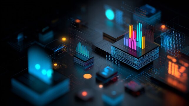 Business background abstract isometric financial dashboard interface data charts 3D graphs glowing icons and digital analysis visuals no people