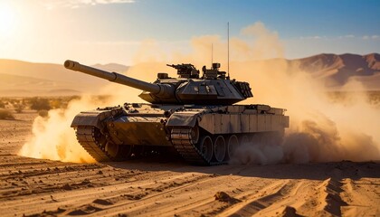 Modern combat tank driving across dusty desert terrain during military operation with dynamic motion