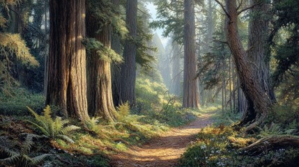 Obraz premium Sun-Dappled Path Through Towering Redwood Forest Trees California Nature Trail