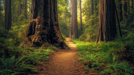 Obraz premium Sunlit Path Through a Majestic Redwood Forest with Lush Ferns and Towering Trees