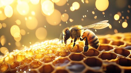 Side View Bee on Golden Honeycomb with Bokeh Light Background and Pixelated Image