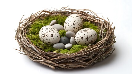 Speckled Eggs in a Twig Nest with Moss and Stones on a White Background