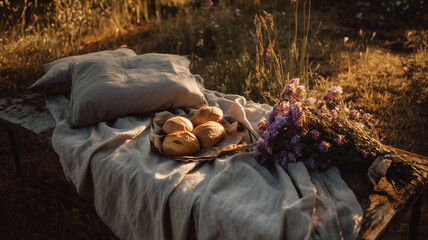 A rustic picnic setup on weathered linen over an aged metal bench with golden hour light, bread, and fresh flowers