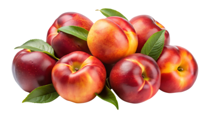 A vibrant arrangement of fresh nectarines with leaves, a summer fruit delight