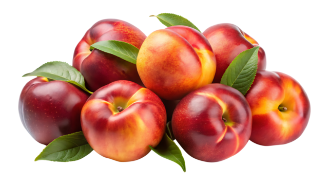 A vibrant arrangement of fresh nectarines with leaves, a summer fruit delight