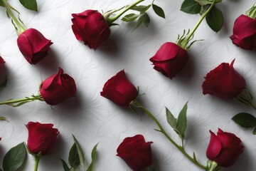 Several red roses scattered on a white textured surface arranged artistically for decoration or celebration