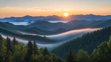 Majestic Sunrise Over Blue Ridge Mountains with Foggy Valleys Landscape Scenery
