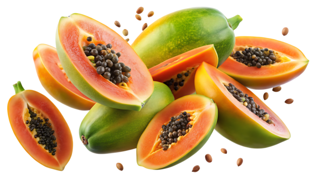 Fresh ripe sliced papaya fruits with seeds isolated on white background - Powered by Adobe