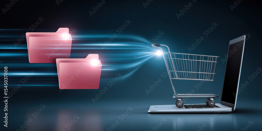 Poster e commerce icon concept with digital folder transfer into shopping cart on laptop screen showing onl