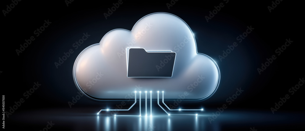 Poster cloud folder icon glowing with digital connection lines representing e commerce data storage and tra