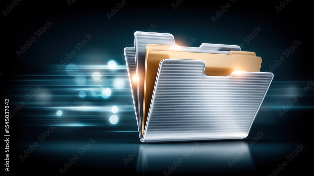 Poster digital folder icon with metallic and gold colors representing e commerce data storage and fast file