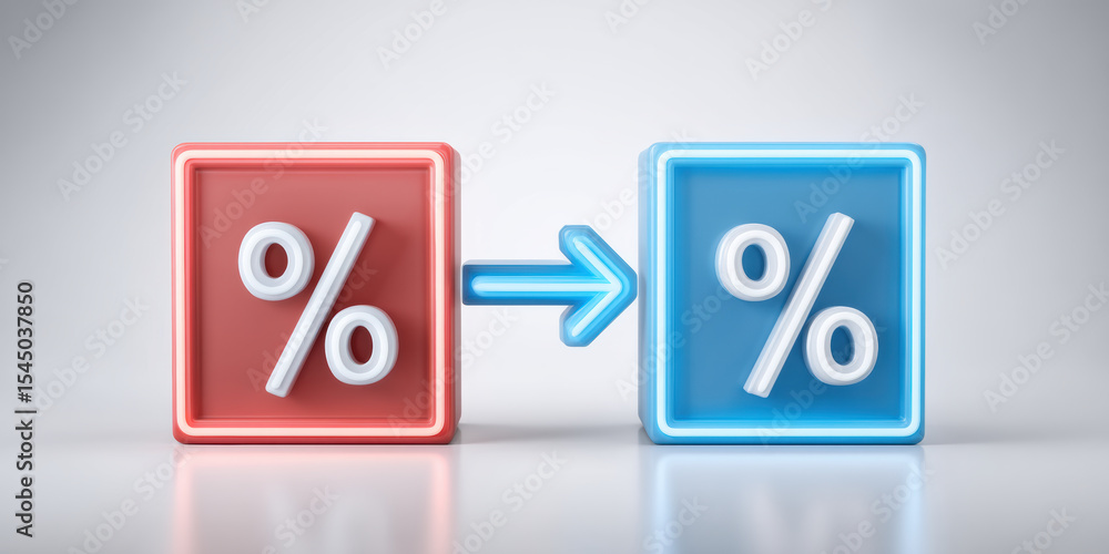 Poster percentage icon with arrow symbol between red and blue square blocks representing e commerce concept