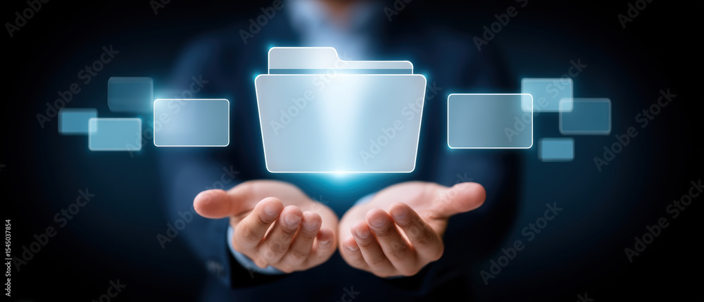 Poster digital folder icon e commerce concept with glowing folder symbol floating above hands in dark backg