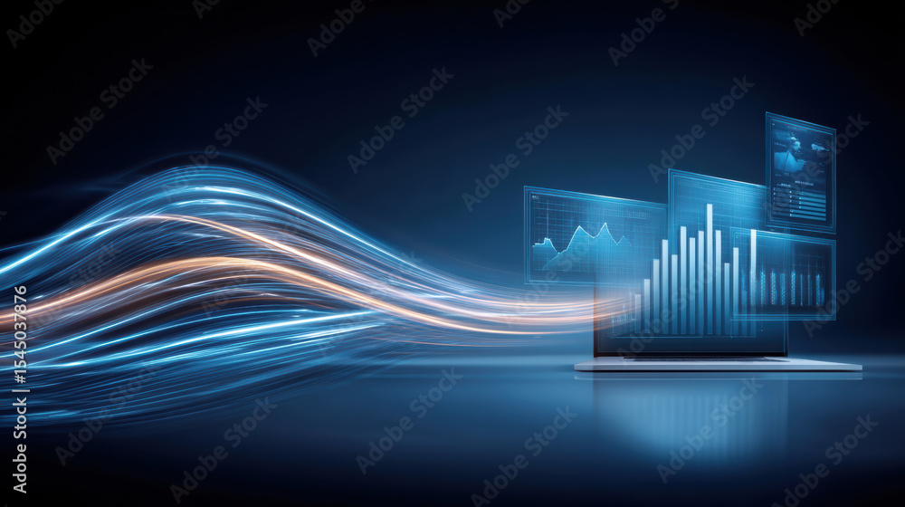 Poster digital e commerce icon with flowing data streams and futuristic charts on laptop screen showing bus