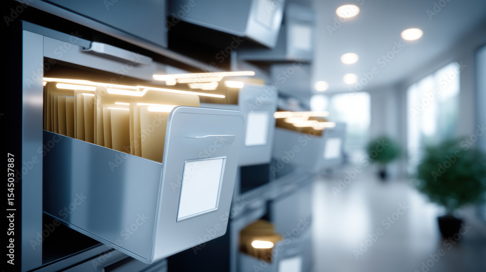 Poster e commerce icon concept with digital file storage and organized folders in modern office environment