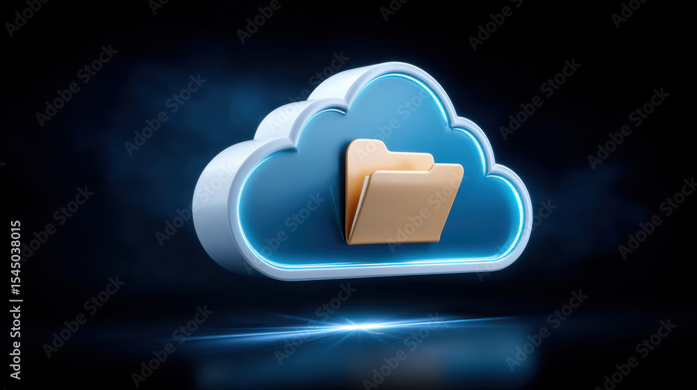 Poster cloud folder icon glowing with blue light representing e commerce data storage and digital file mana