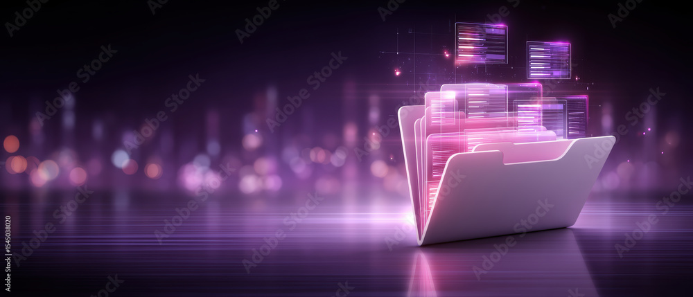 Poster digital folder icon with glowing e commerce data files floating above in futuristic purple light eff