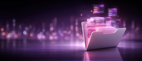 Digital folder icon with glowing e commerce data files floating above in futuristic purple light effect