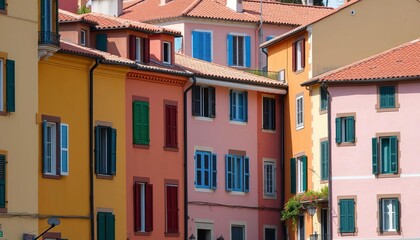 Fototapeta premium Vibrant stucco buildings, colorful shutters, terracotta rooftops, italian, vibrant