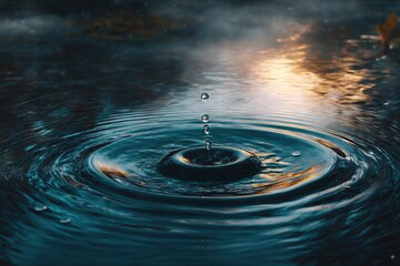 Water droplet creating ripples on a calm surface during sunset in a serene natural setting
