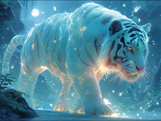 majestic white tiger walking through a fantastical, ethereal forest. The scene is illuminated with a soft, magical light, creating a serene and mystical atmosphere.