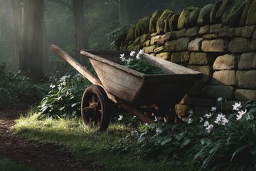 Wheelbarrow filled with plants rests beside a mossy stone wall in a tranquil forest