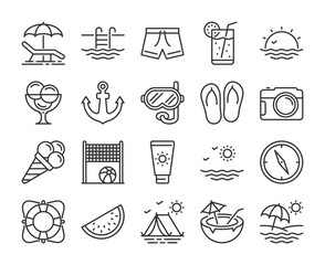 Summer icons. Summer holidays and events line icon set. Editable Stroke.