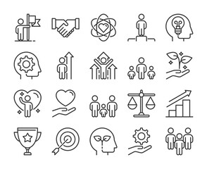Core values icons. Core values and principles line icon set. Editable Stroke.