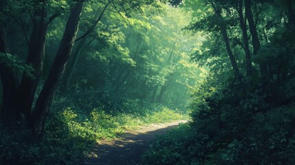 Enchanting Forest Path Illuminated by Sunlight Green Canopy Trees and Lush Foliage