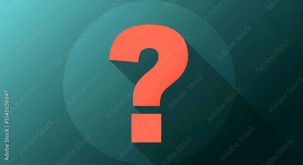 Poster orange question mark on teal background, long shadow, simple design, symbolizing inquiry, question, 