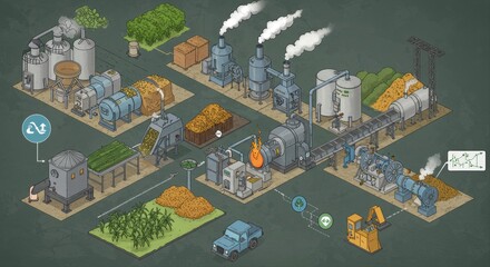Isometric illustration depicting a biorefinery producing biofuels from biomass feedstocks