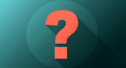 Orange question mark on teal background, long shadow, simple design,  symbolizing inquiry, question, uncertainty,  suitable for FAQ pages or help sections