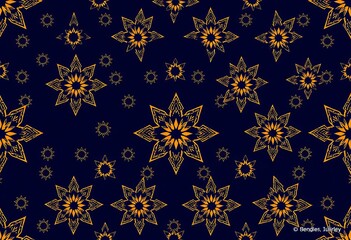 Intricate gold Arabic star pattern on a midnight blue background, seamless repeat,  pattern,  islamic