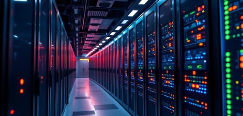 Obraz premium Rows of powerful servers in a modern data center, lights blinking, big data analytics, information technology