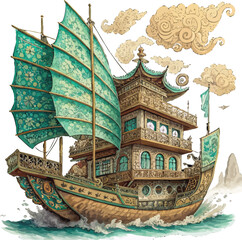 Ancient Asian architecture and traditional boats sail the seas and rivers under a vast sky